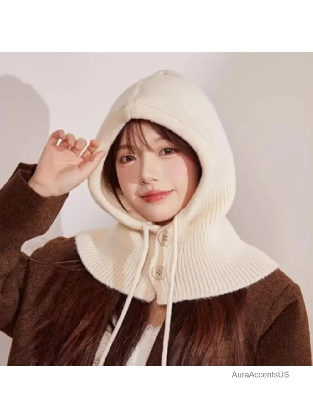 Windproof Knitted Hooded Scarf Hat Balaclava Women Winter Warm Pullover